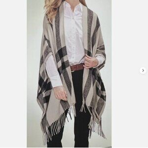 NEW Banana Republic Women Wrap Cardigan Poncho O/S Tan Black Fringe Trim Cashmer